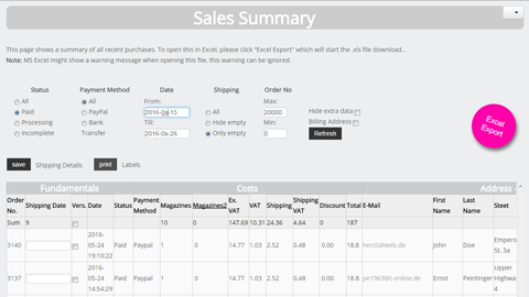 Sales-Overview, featuring: 
   * Payment Details
      o Bank Transfer/PayPal payment
      o Payment Status
   * Shipping Functionality
      o Custom developed feature
      o Allows batch Printing of shipping labels
      o Automatically marks shipped orders with current date