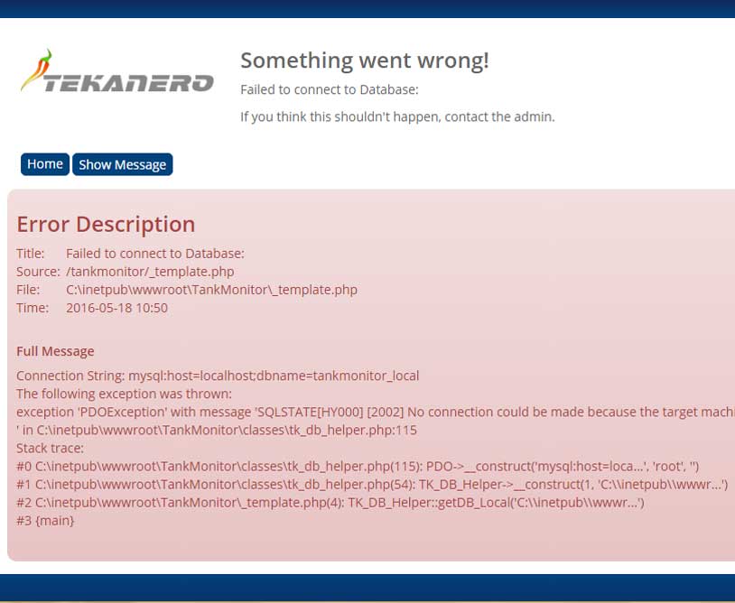Error Handling:
 * Errors get caught at the end of each page (include file) and logged. 
 * The error message is then stored in a session variable with an ID (see address line).
 * Once processed, the site will redirect to the error page.
 * Operators then have the option to see the error message by clicking on 'Show Message'